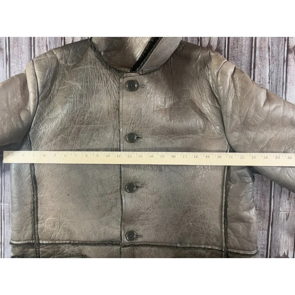 291295 = Homme Hooded Leather Shearling Coat Jacket  size F 44" made in Japan - Picture 5 of 9